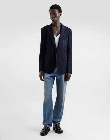 Dolce & Gabbana Single-breasted cotton jersey jacket with logo embroidery Blue G2TJ5ZGJ078
