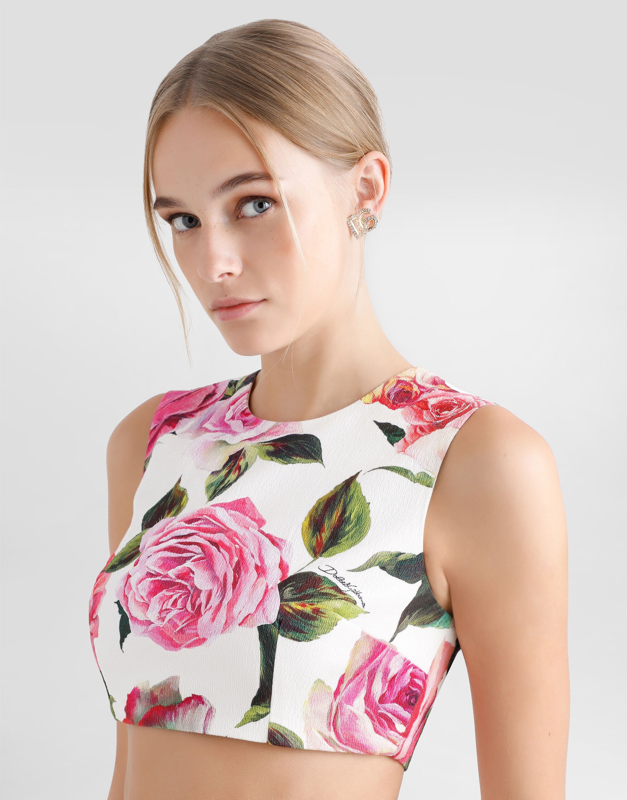 Cotton jacquard crop top with rose print in Print for Women Cotton jacquard crop top with rose print in Print for Women