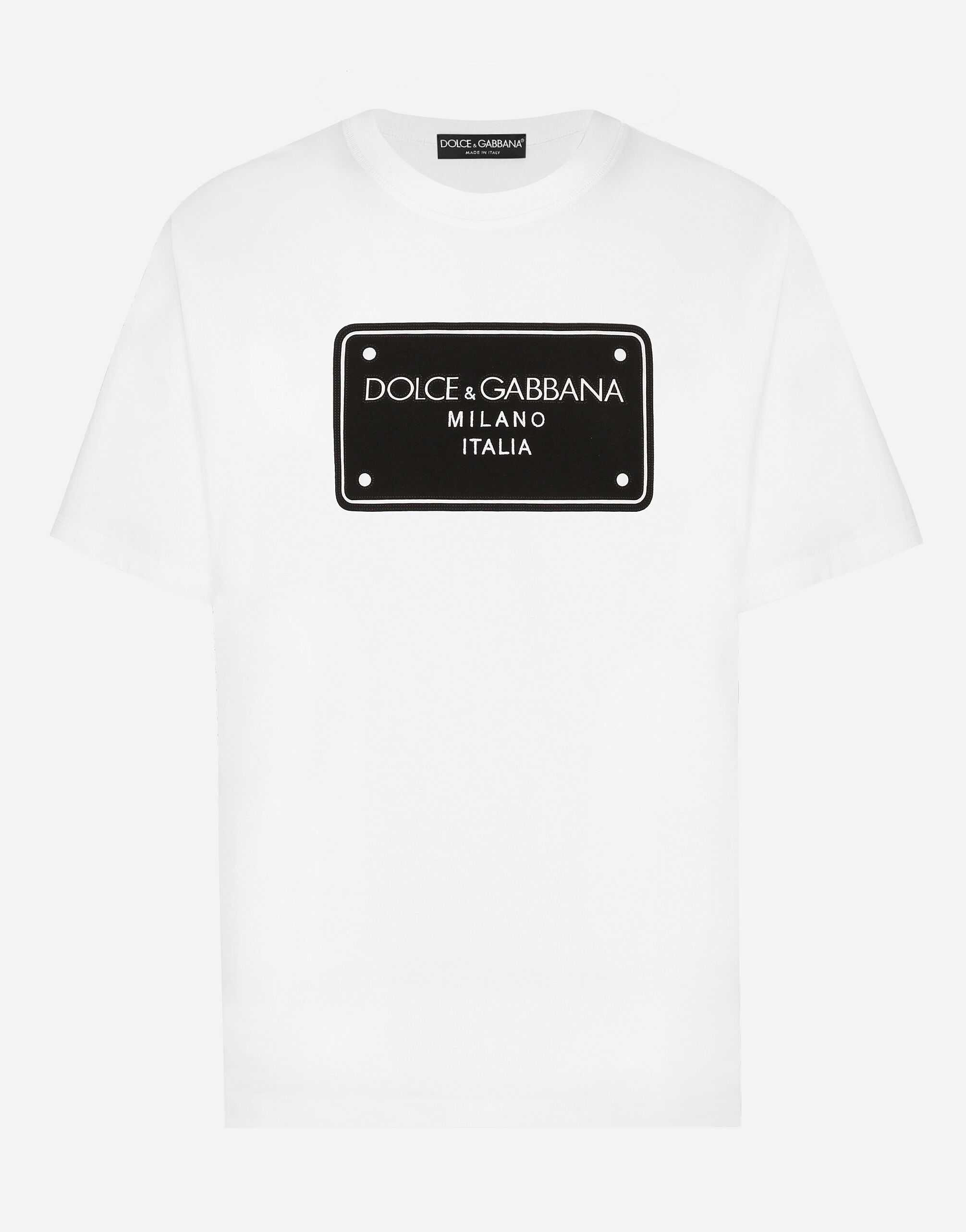Camiseta de algodon con detalle de placa con logotipo bordado en Blanco de Hombre Dolce Gabbana