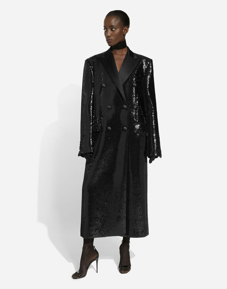 Dolce & Gabbana Micro-sequined double-breasted coat Black F0W1ATFLGAF