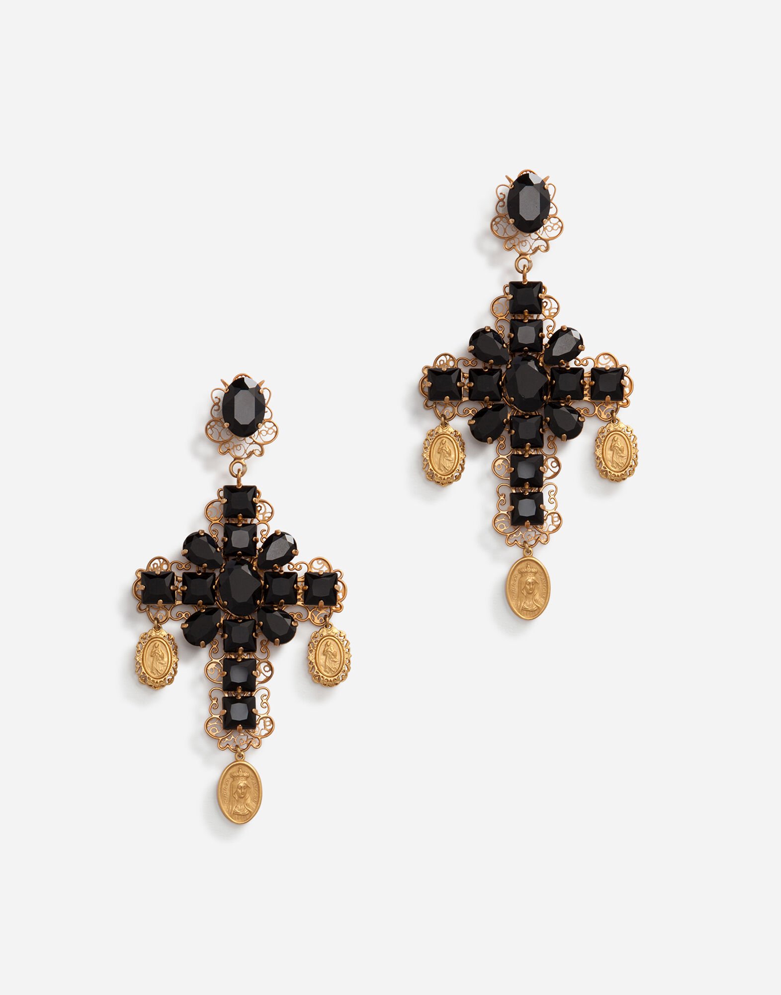 Clip on drop earrings with crosses and medallions in BLACK GOLD for Women Dolce Gabbana