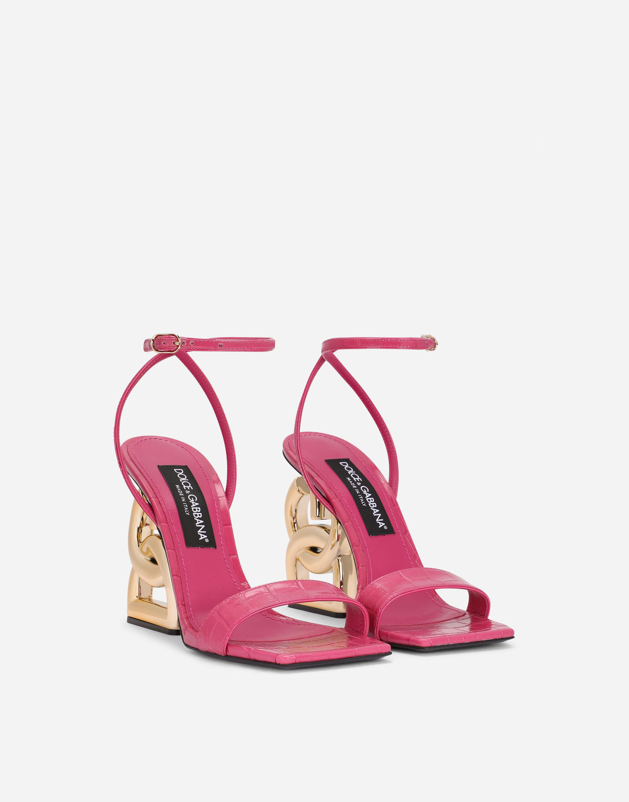 Crocodile-print calfskin sandals with DG pop heel in Fuchsia for 