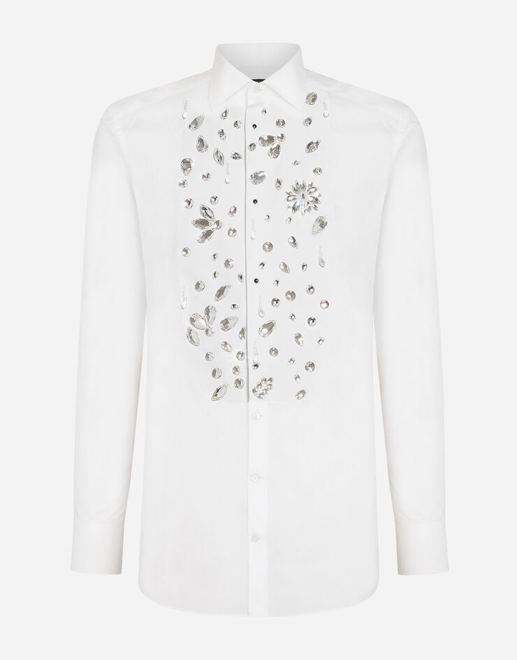 Dolce & Gabbana Gold-fit tuxedo shirt with rhinestone embroidery Blanco G5EN5ZFU5T9