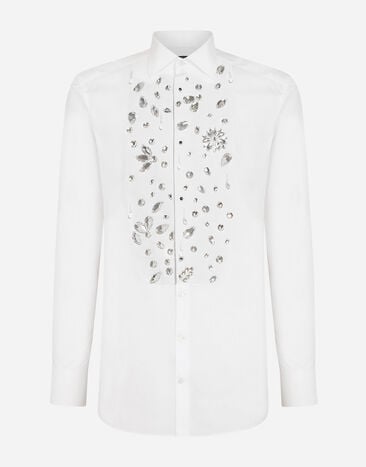 Dolce & Gabbana 라인스톤 자수 골드 핏 턱시도 셔츠 실버 G2QU6TFLSEP