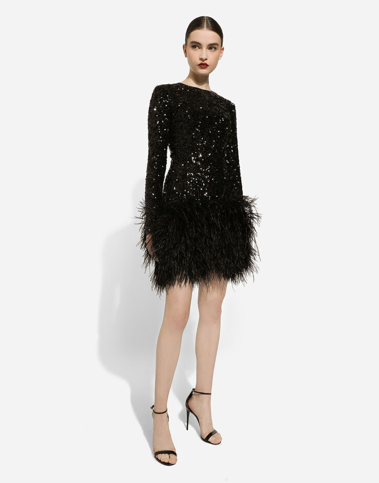 Dolce & Gabbana Kurzes Paillettenkleid mit Federbesatz Schwarz F6DKSTFLUBX