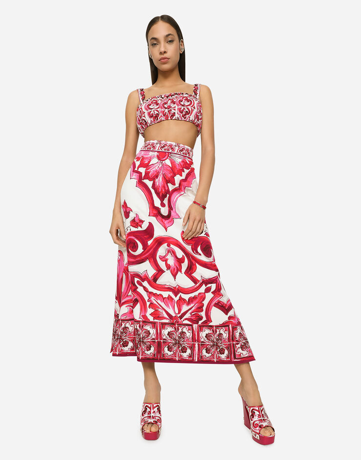 Dolce&Gabbana Majolica-print charmeuse calf-length skirt with slit Multicolor F4CEMTHPABX