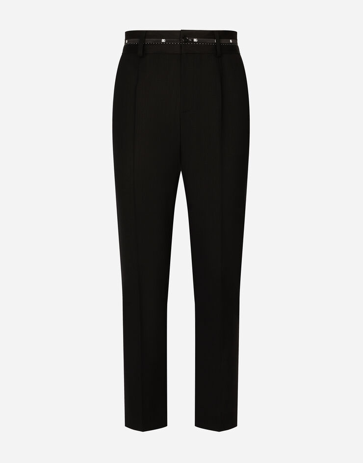 Dolce & Gabbana Pantalon en laine stretch avec taille à logo Noir GVRJETFUBE7