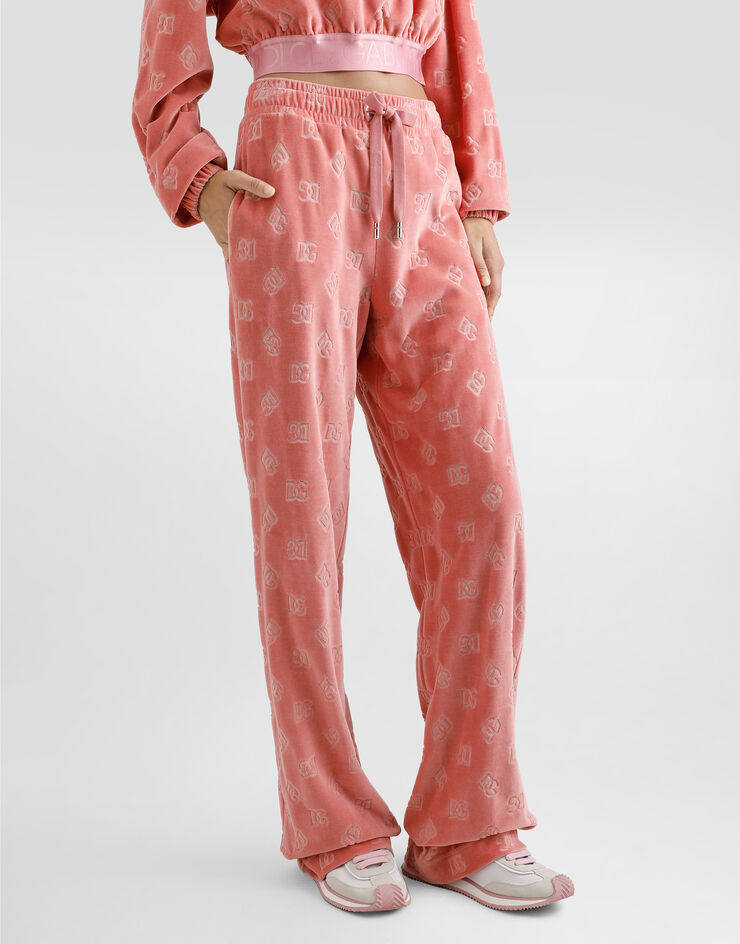 Dolce & Gabbana Pantalón de chándal de chenilla en jacquard con logotipo DG Rosa FTCYYTFJ7DL