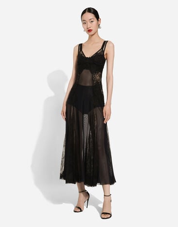 Dolce & Gabbana فستان سهل الارتداء ميدي تول بتطعيمات دانتيل أسود F6HASTFLRC2