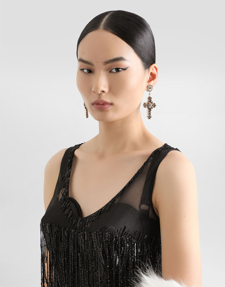 Dolce & Gabbana Ärmelloses Longuettekleid aus Marquisette mit Paillettenfransen-Stickerei Schwarz F6TPBZGDC1D