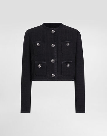 Dolce & Gabbana Cropped single-breasted raschel tweed jacket with bejeweled buttons Black F27ETTFU106