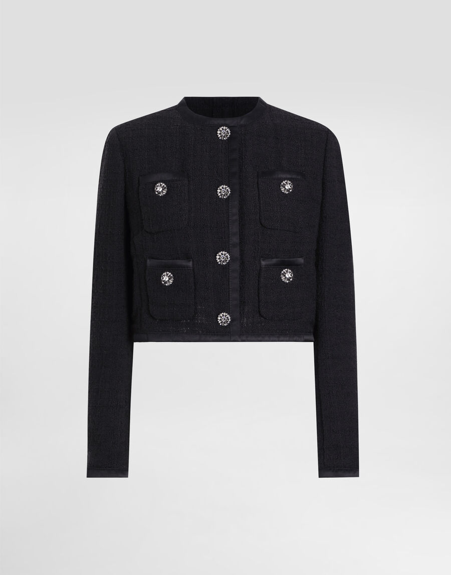 Cropped single-breasted raschel tweed jacket with bejeweled buttons