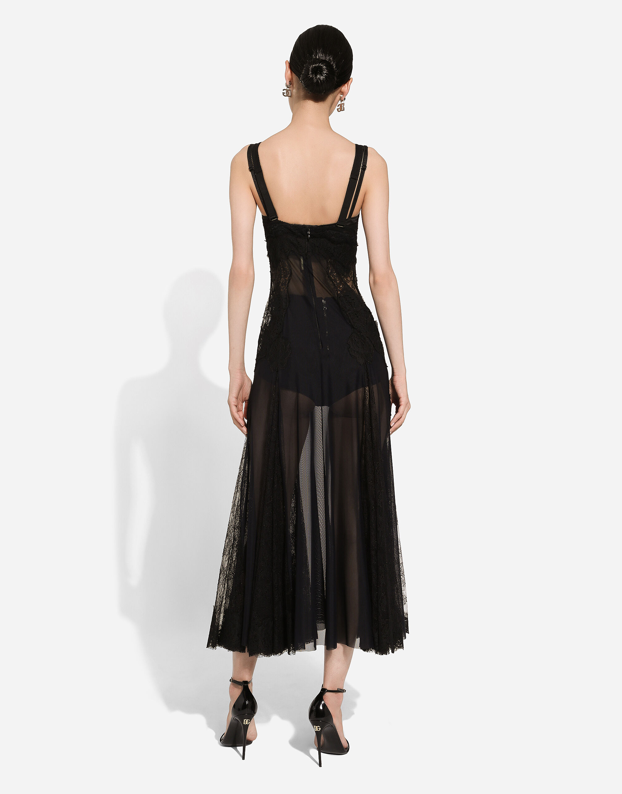 Tulle midi slip dress with lace inserts in Black for Women Dolce Gabbana US