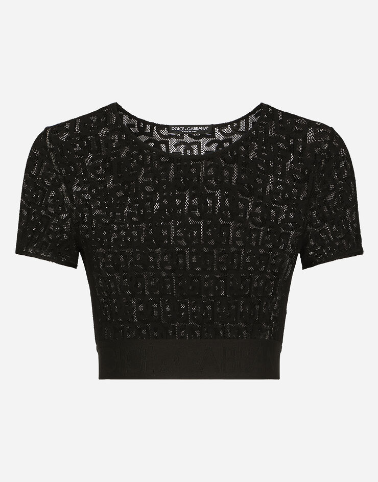Dolce & Gabbana T-shirt corta in tulle con logo DG allover Nero F8T17TFLEAQ