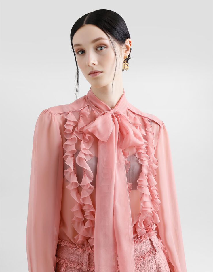 Dolce & Gabbana Bluse aus Chiffon mit Rüschen und Schleife am Kragen Pink F5T18TFU1AT