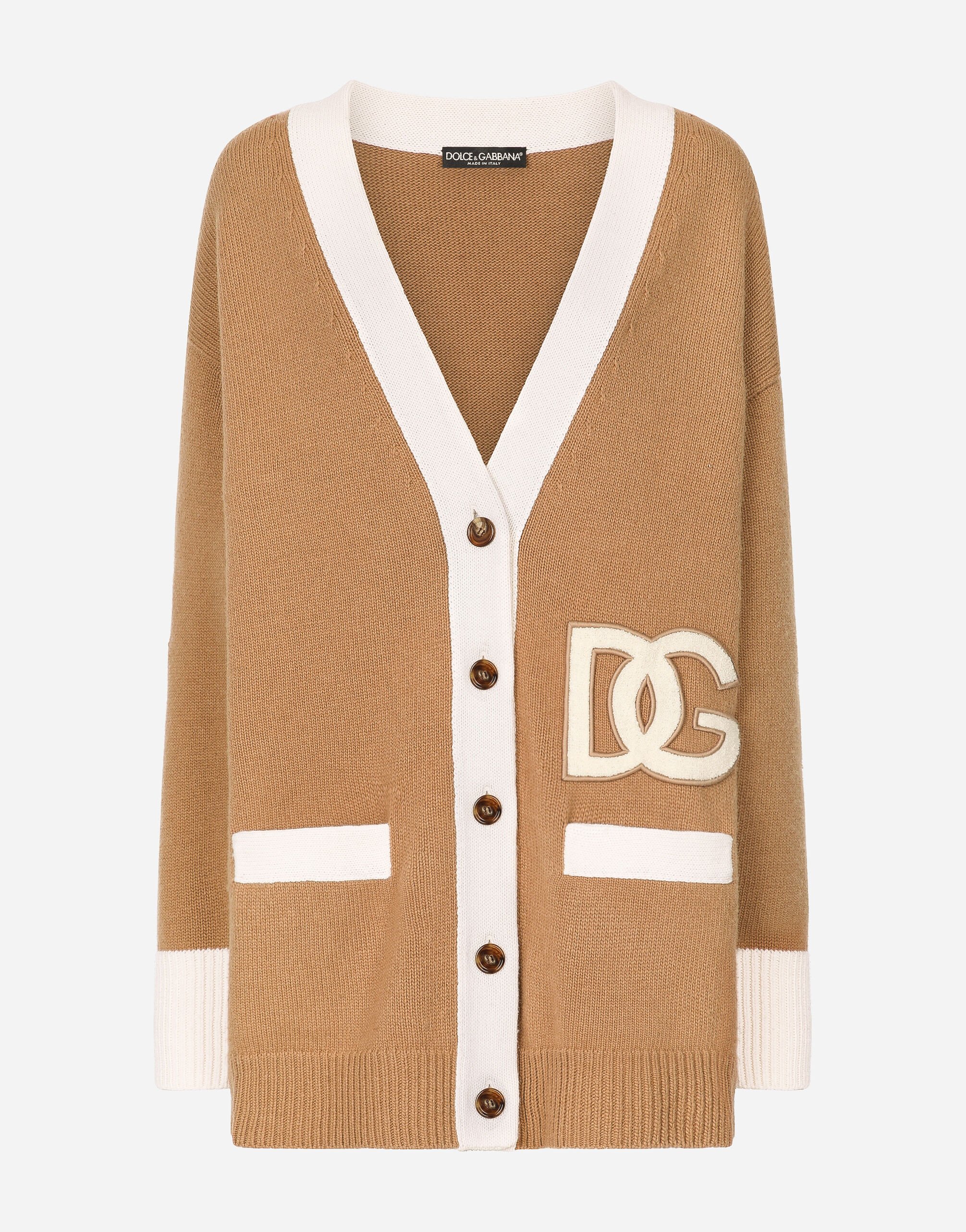 Dolce & Gabbana Long wool cardigan with embroidered DG patch Beige BB6711AV893