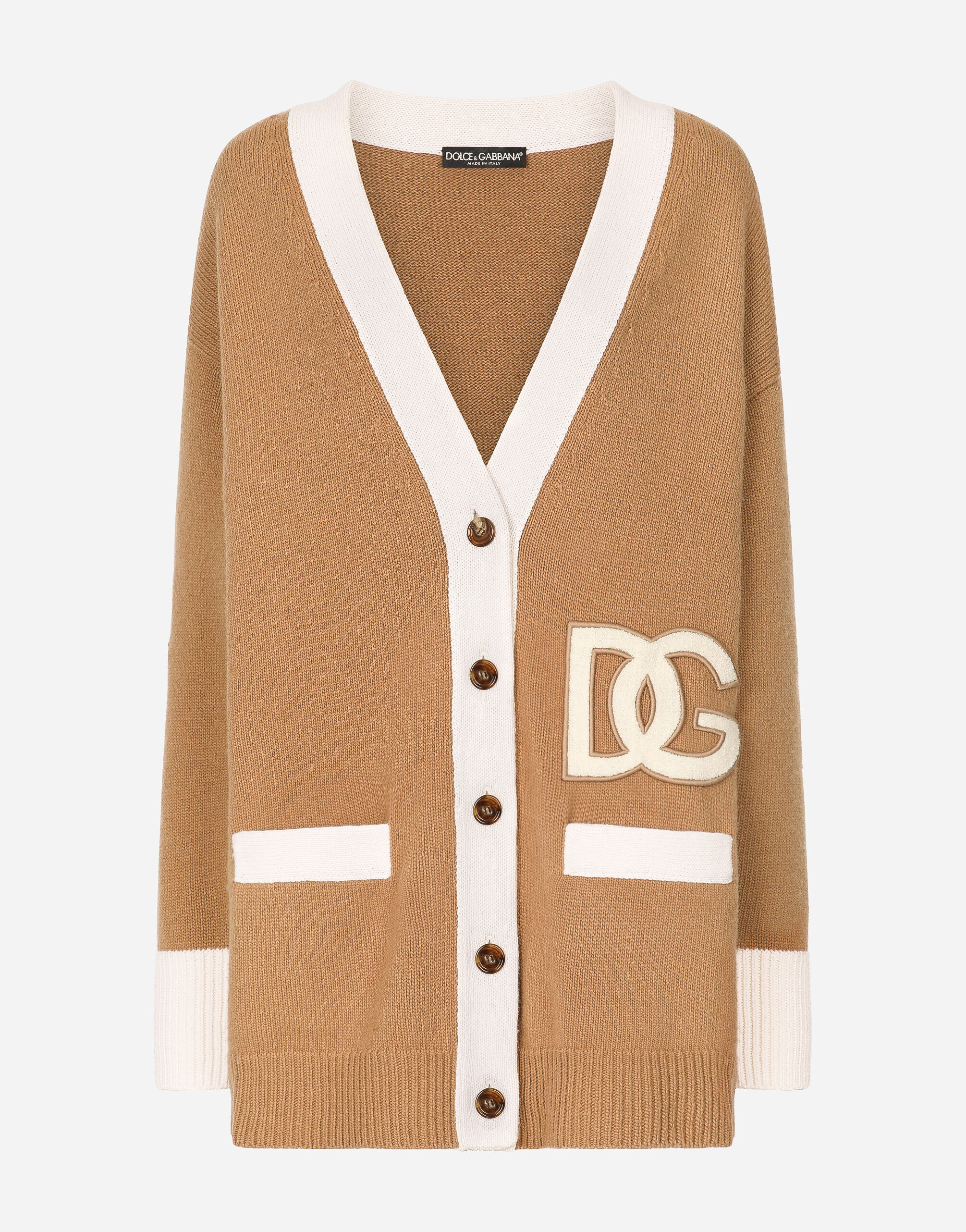 Dolce & Gabbana Langer Cardigan aus Wolle mit DG-Patch-Stickerei Beige BB6711AV893