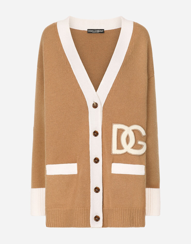 Dolce & Gabbana Langer Cardigan aus Wolle mit DG-Patch-Stickerei Mehrfarbig FX382ZJCVL8