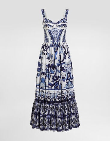 Dolce & Gabbana Calf-length bustier dress in majolica-print poplin Multicolor F6AEITHH5A1