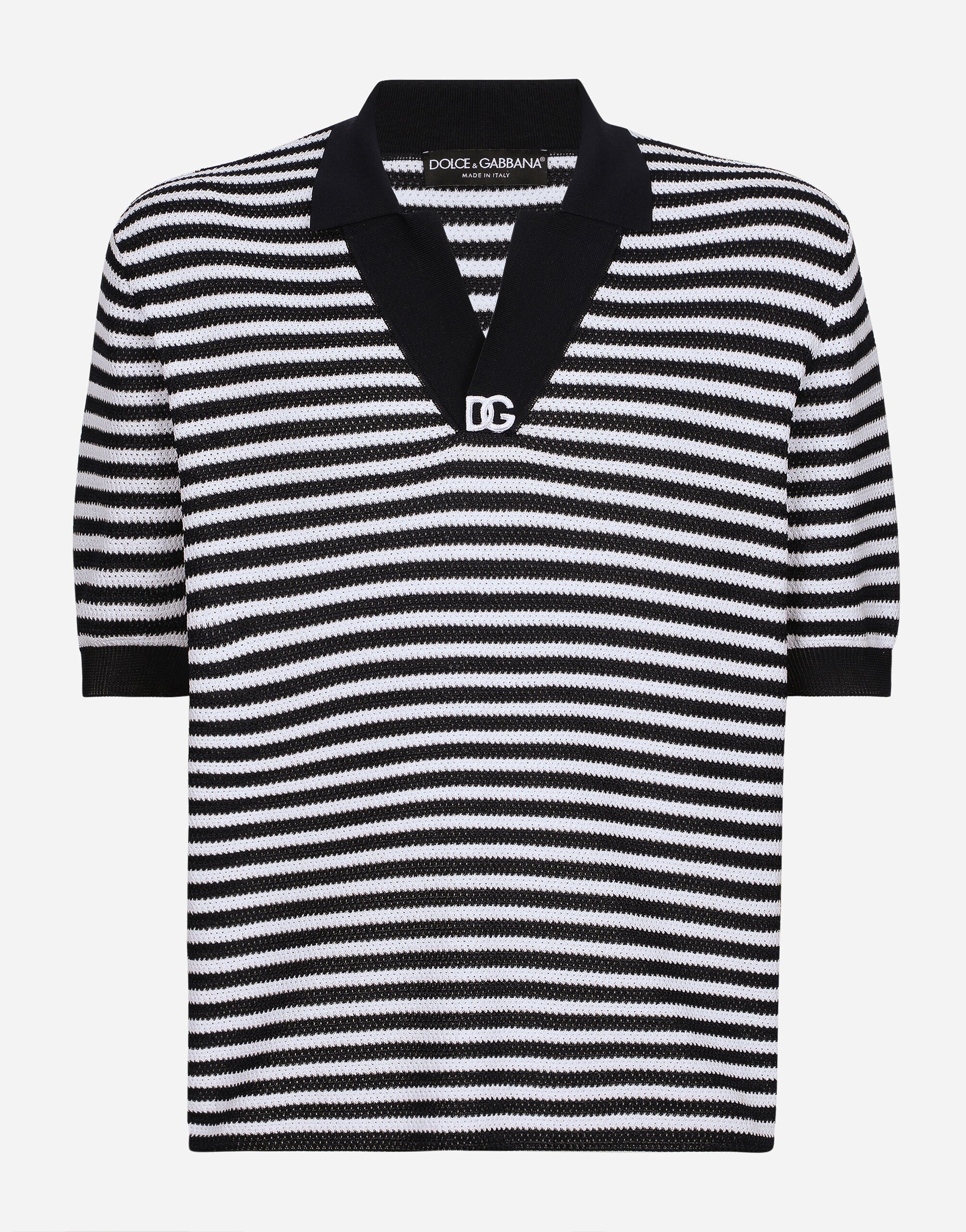 Dolce & Gabbana Striped cotton V-neck polo-shirt with DG logo Azure G5LI8TFU4LG