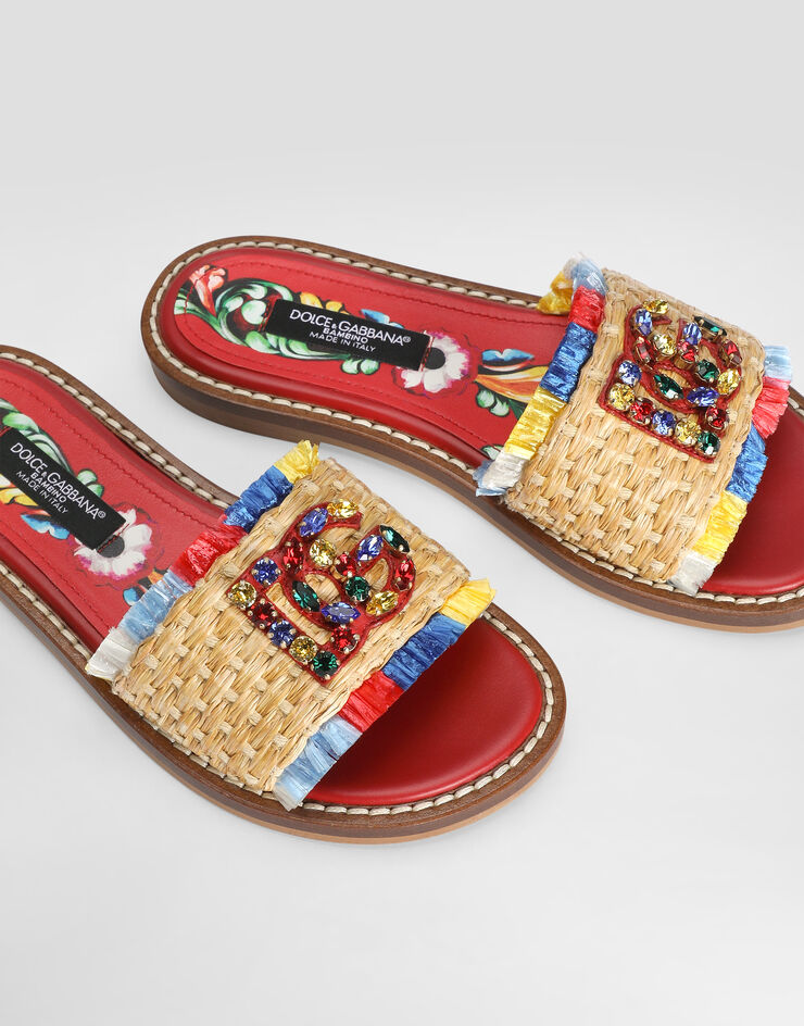 Dolce & Gabbana Flat straw slide sandals with fringes Multicolor D11417A0559
