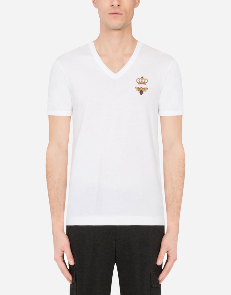Dolce & Gabbana T-shirt à encolure en v en coton à broderie abeille et couronne Blanc G8KG0ZG7WUQ