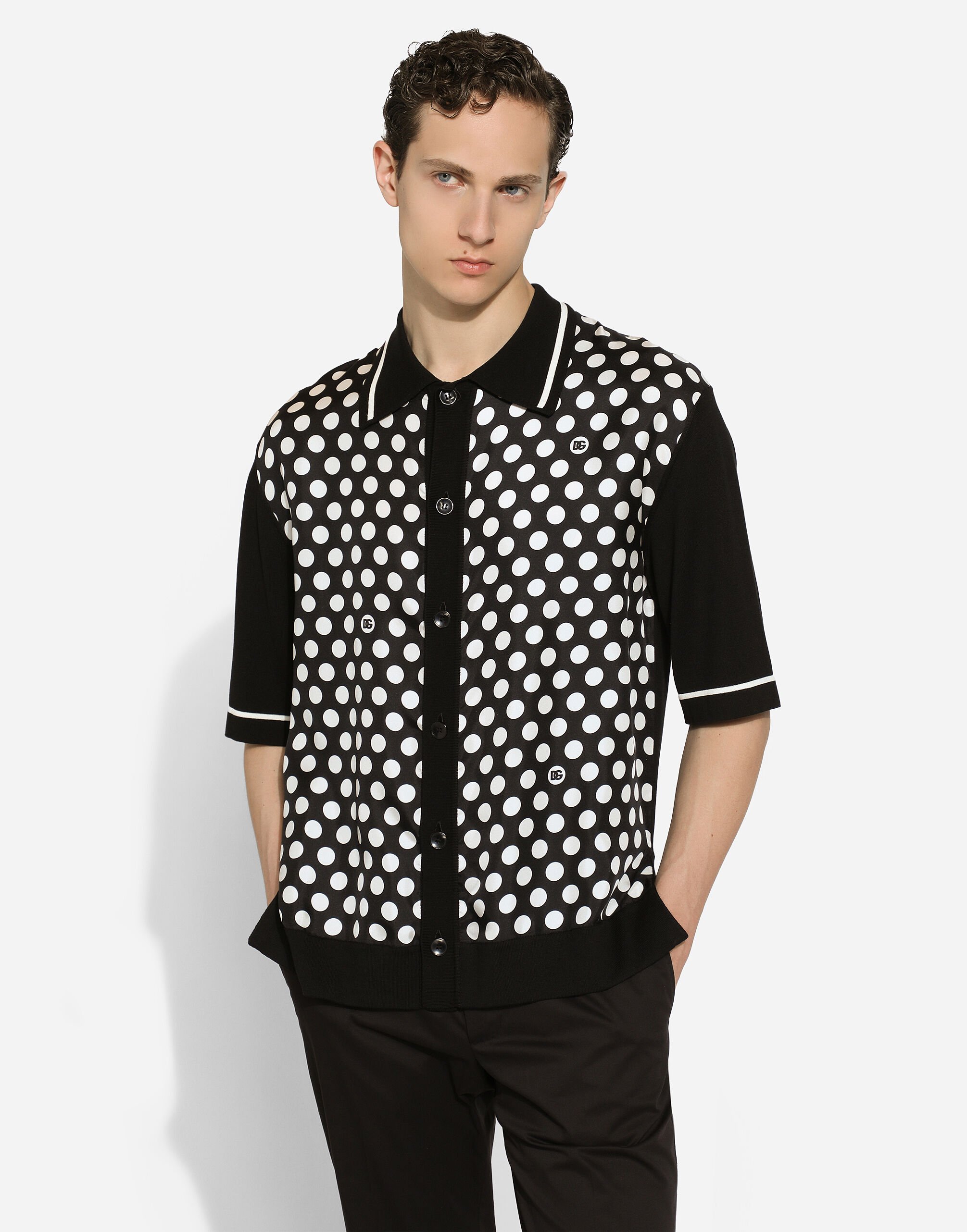 Oversize silk and yarn shirt with polka dot print in Print for Men Dolce Gabbana US