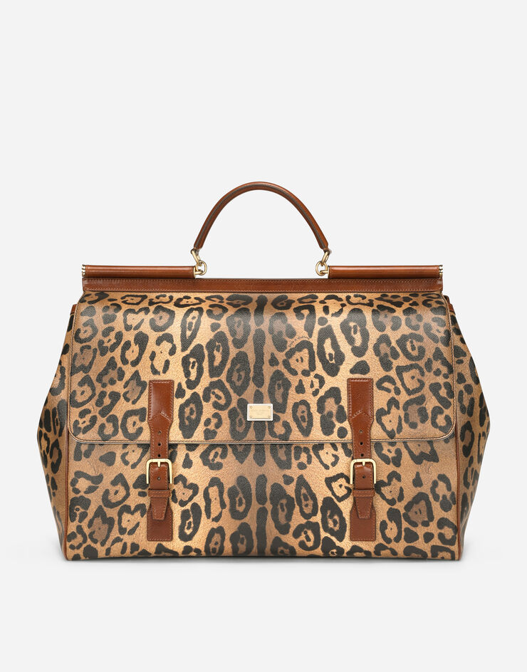 Dolce & Gabbana Kleine Transporttasche aus Crespo im Leoprint mit Logoplakette Mehrfarbig BB4840AW384