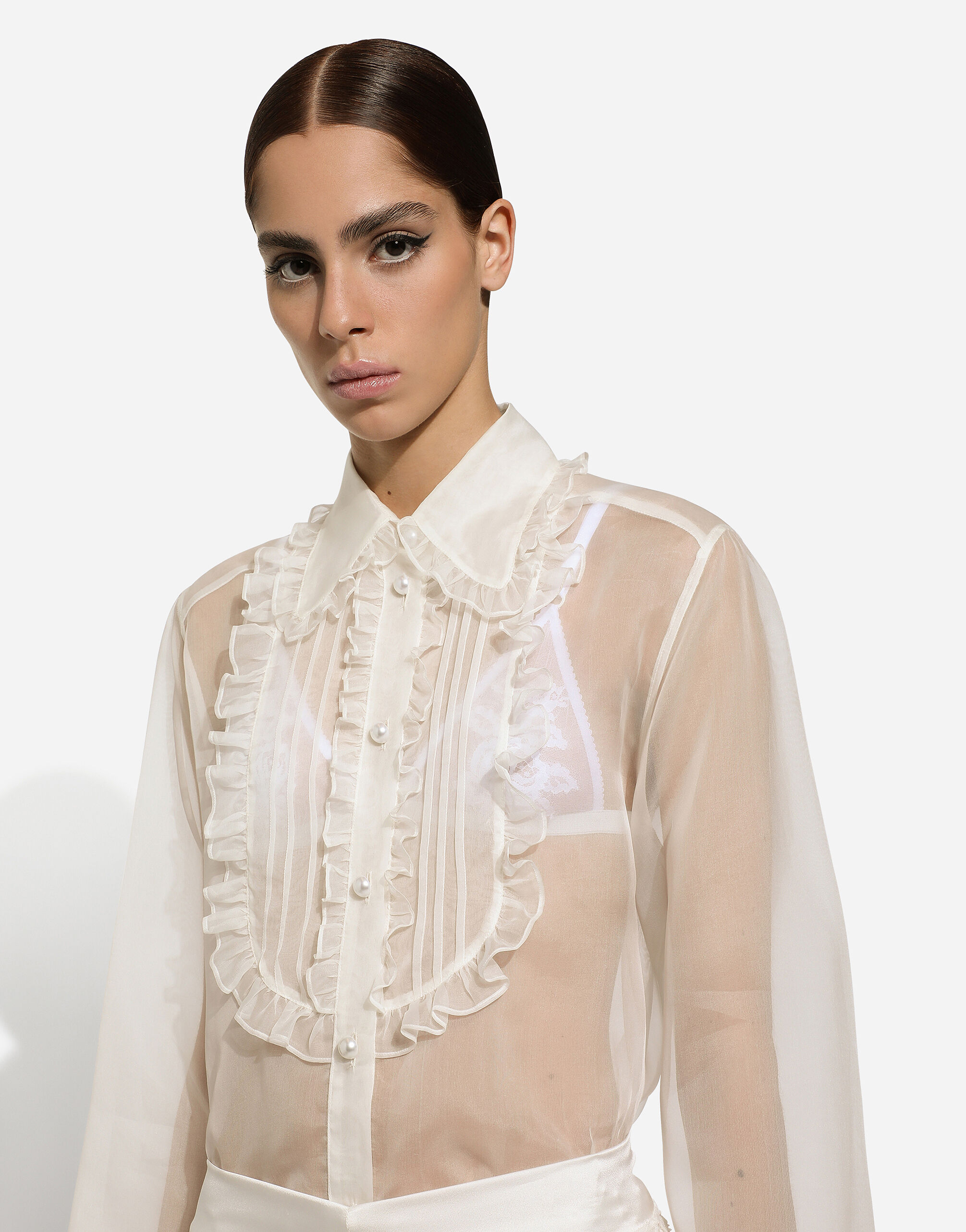 ホワイトのウィメンズ Organza shirt with shirt front and ruffles