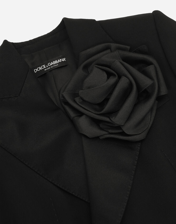 Dolce&Gabbana Giacca doppiopetto in tela di lana con fiore applicato Nero F29LMTFUBGB