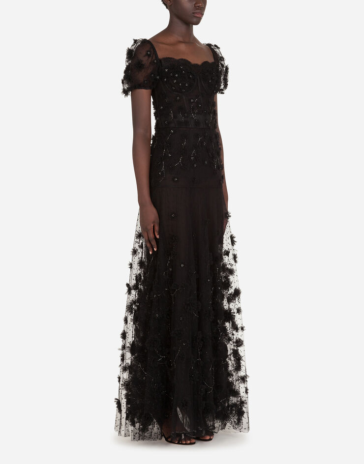 Dolce & Gabbana Langes kleid aus tüll mit pailletten und handgestickten mikroblumen MEHRFARBIG F6J2GZGD0I8