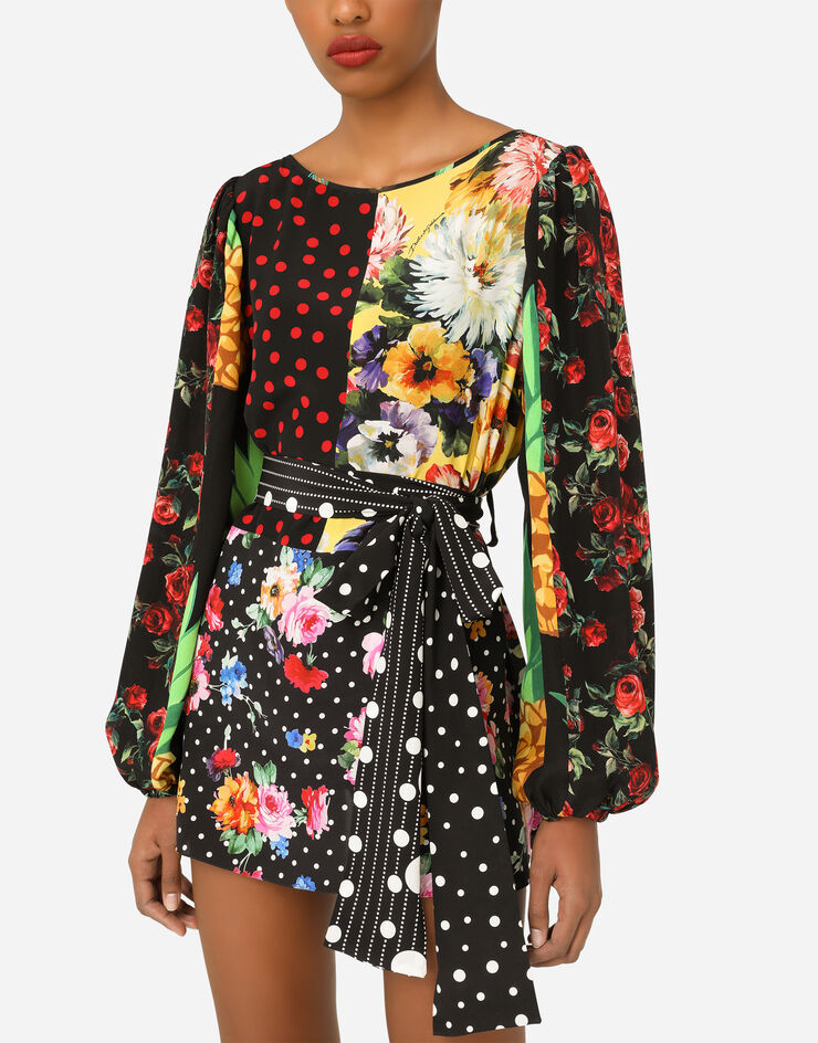 Dolce & Gabbana Long-sleeved patchwork crepe de chine blouse with belt BLUE F75E3TGDY58