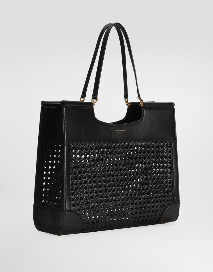 Dolce & Gabbana Shopping Sicily in straw and calfskin weave Black BB7727B9S67