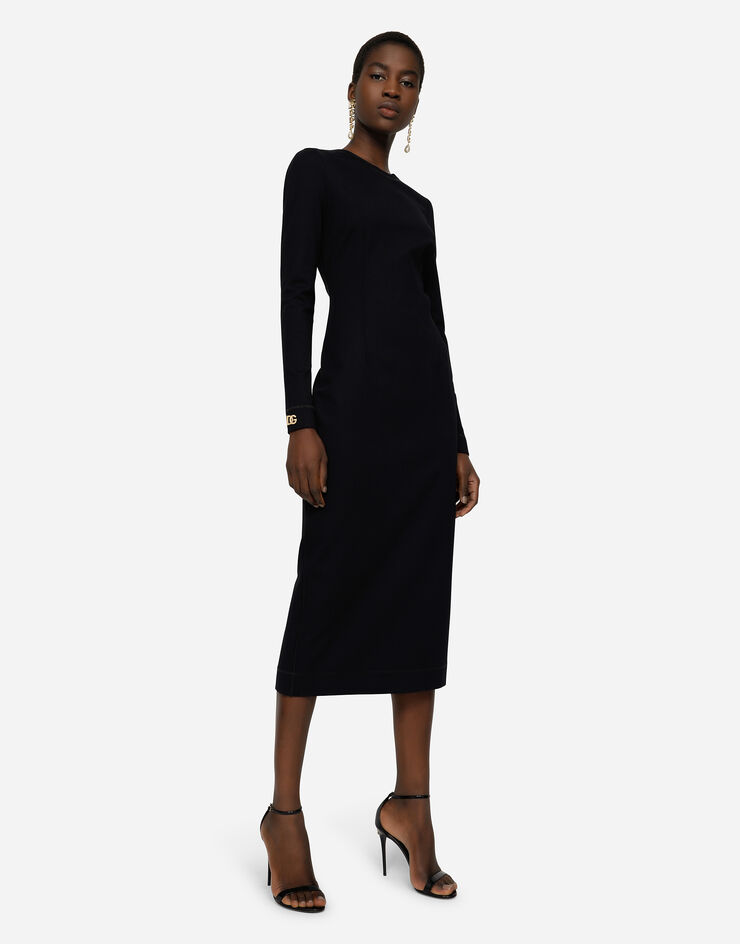Dolce & Gabbana Long-sleeved jersey calf-length dress with DG embellishment Black F6R6MTFUGKG