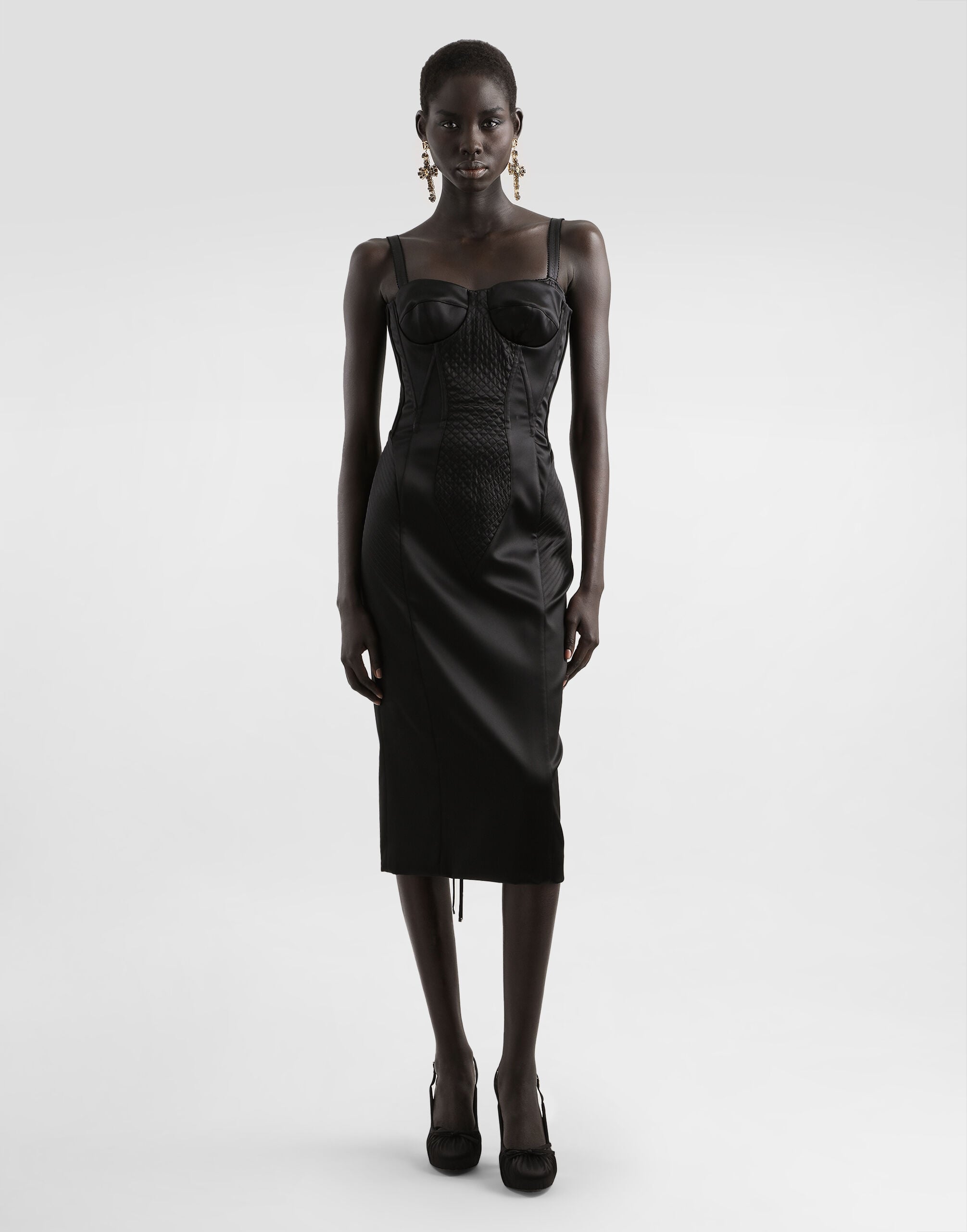 Strapless satin dress with corset details in Black for Women