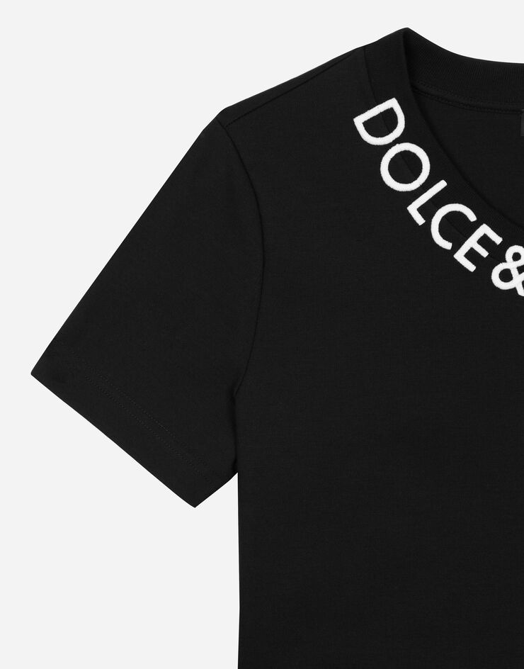 Dolce & Gabbana 로고 자수 네크라인 저지 티셔츠 블랙 F8T00ZFUGK4