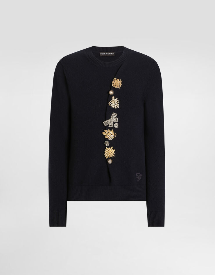 Dolce & Gabbana Wool round-neck sweater with bejeweled buttons Blue GXX91ZJCVWR