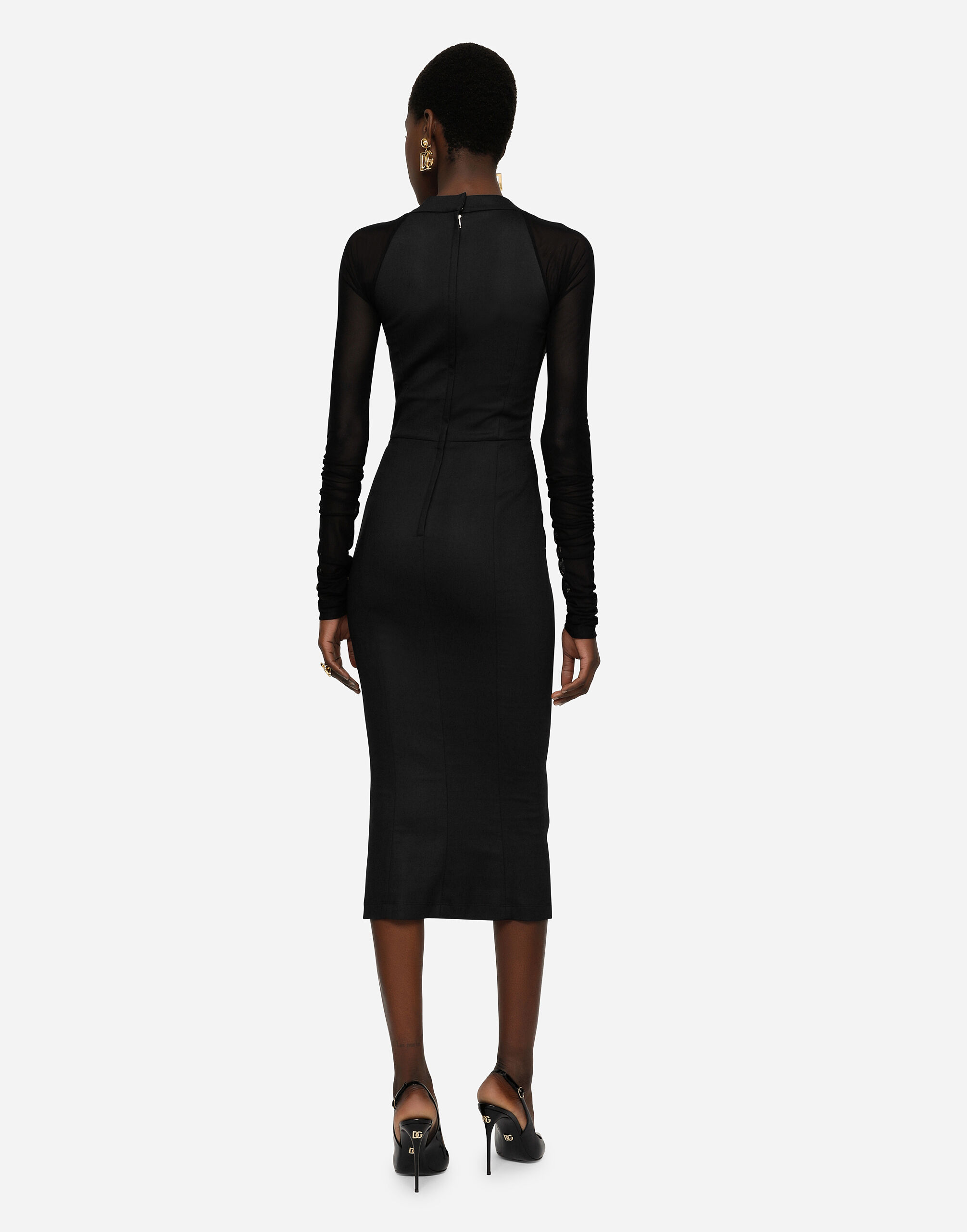 Sable calf-length dress with tulle sleeves in Black for