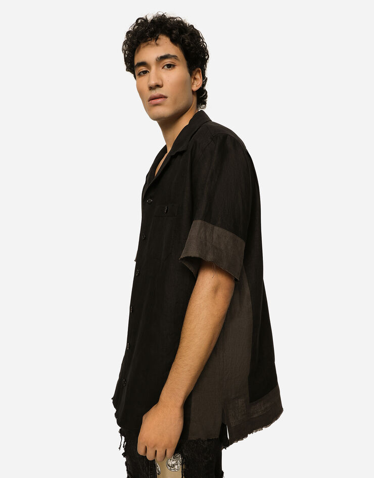 Dolce&Gabbana Camisa Hawaii en lona de lino con aplicaciones Negro G5KS5TFU4IX