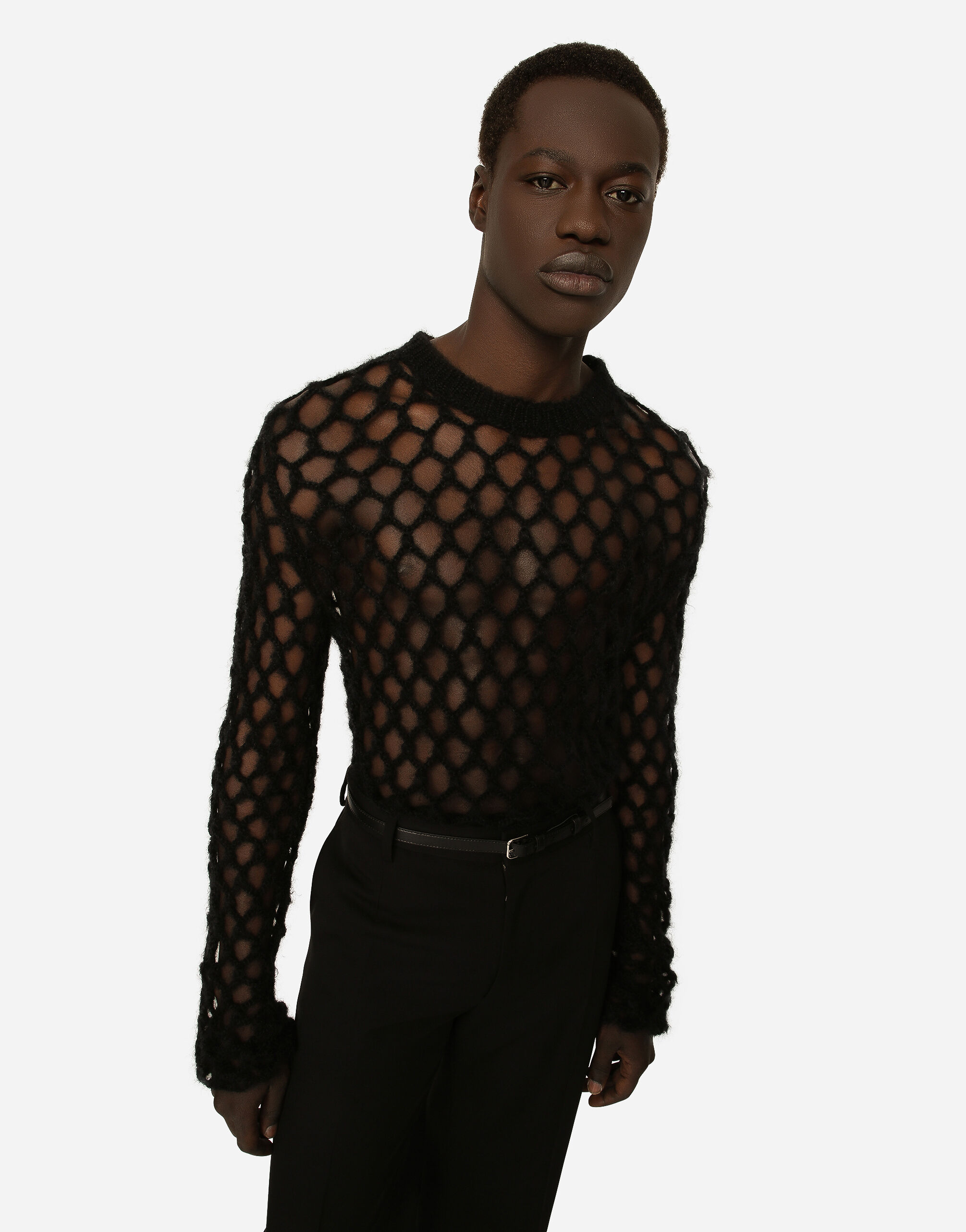 Mohair wool mesh stitch round neck sweater in Black for for Men