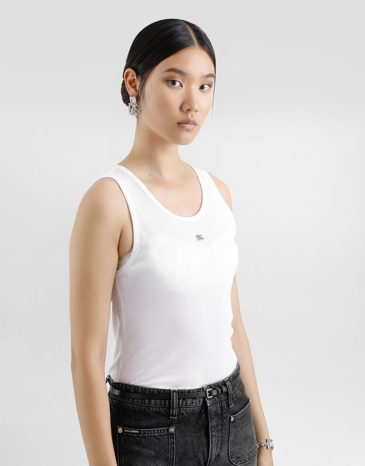 Dolce & Gabbana Tanktop aus geripptem Jersey mit DG-Logo-Pin Weiss F8V40TGDCX9