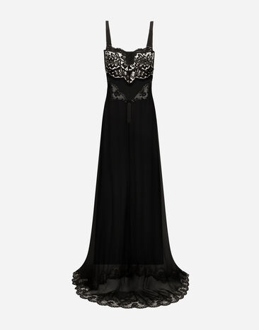 Dolce&Gabbana 蕾丝上身与真丝雪纺长款连衣裙 黑 F6DKITFU1AT