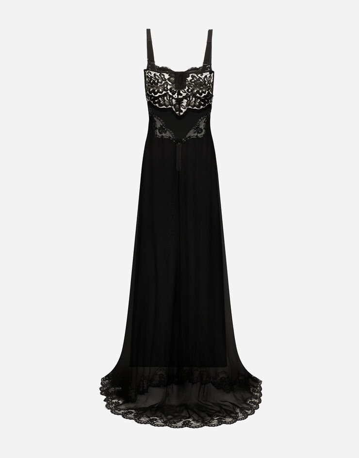 Dolce&Gabbana Abito lungo in chiffon di seta e corpino in pizzo Nero F6DKITFU1AT