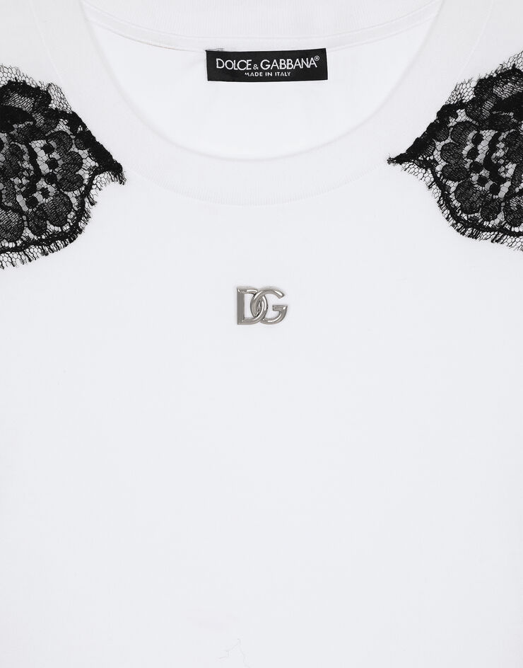 Dolce & Gabbana T-shirt en jersey avec empiècements en dentelle et logo DG Blanc F8N08TGDB7U