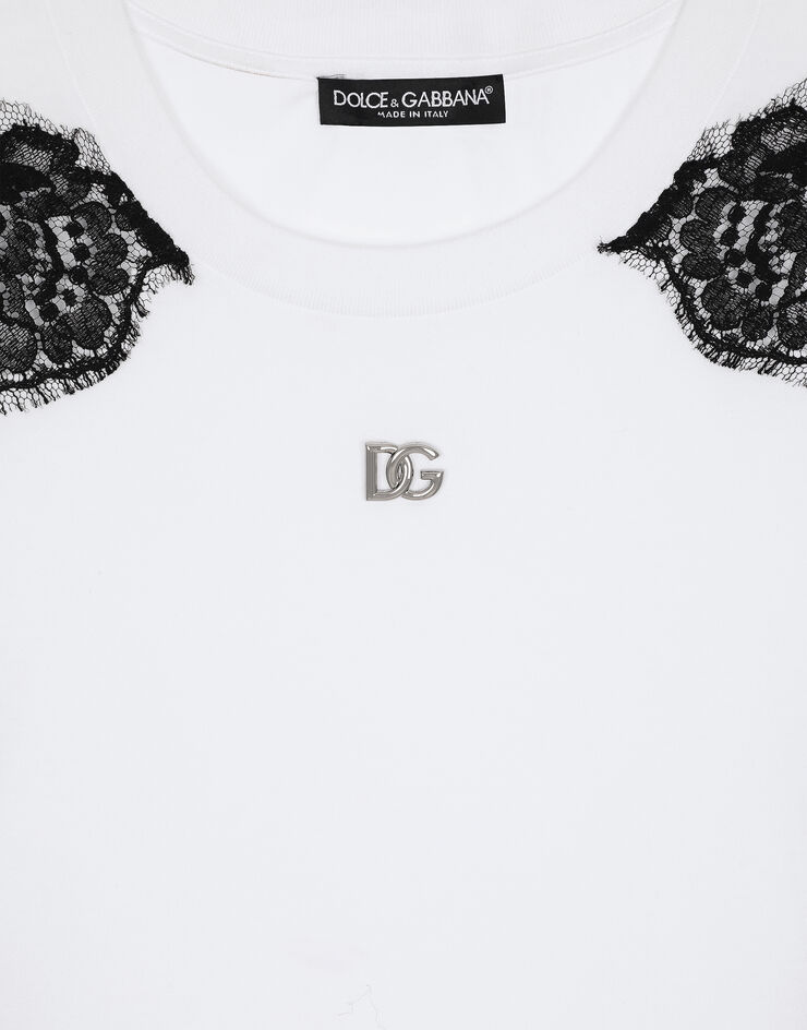 Dolce & Gabbana T-shirt in jersey con inserti in pizzo e logo DG Bianco F8N08TGDB7U