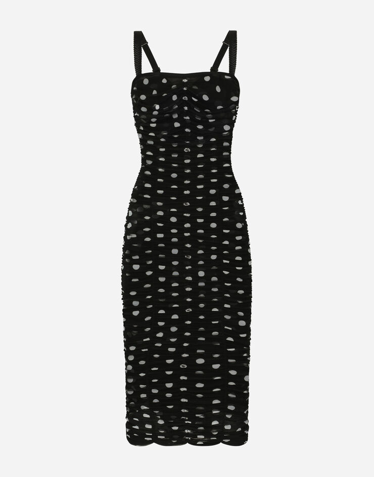 Dolce & Gabbana Tulle calf-length sheath dress with draping and polka-dot print Print F6JHXTFSRP7