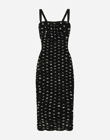 Dolce & Gabbana Drapiertes Longuette-Kleid aus Tüll Punkteprint Schwarz F290XTFU28D