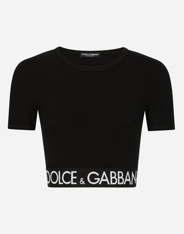Dolce & Gabbana 徽标弹力饰带平纹针织短款 T 恤 黑 F8N50TFUEEY