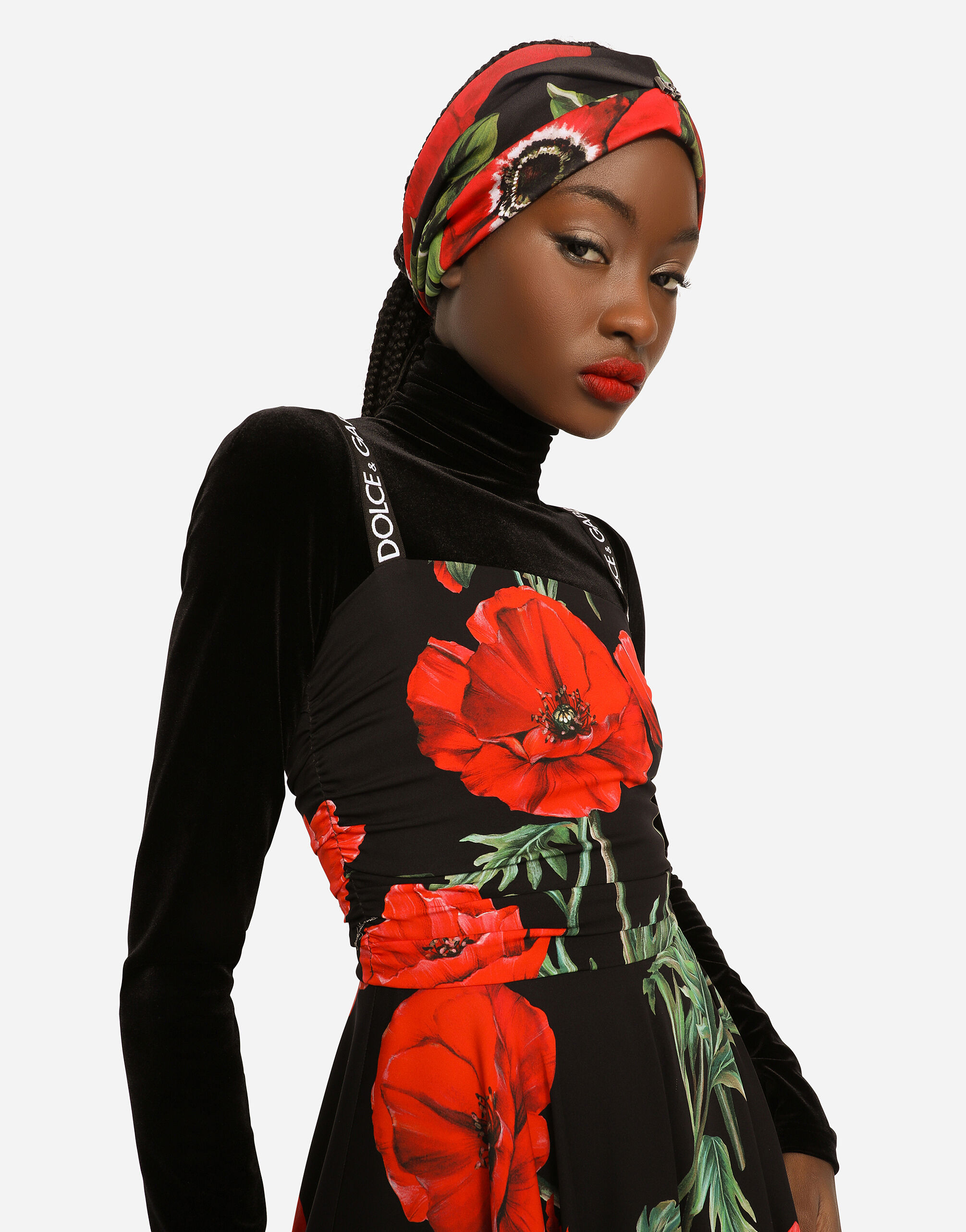 Charmeuse calf-length dress with poppy print