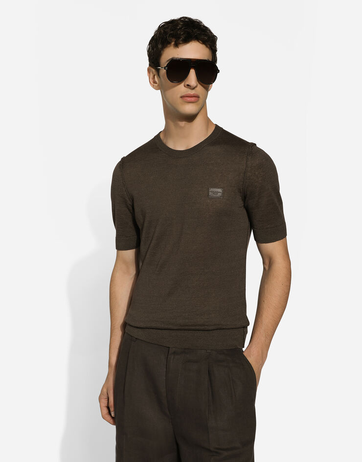 Dolce & Gabbana Linen round-neck sweater with branded tag Grey GXX03TJALAN